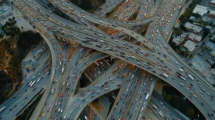 Aerial view congested freeway interchange at dusk