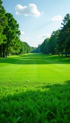 Naklejka premium Short, finely cut golf course grass, rich emerald green, landscape, vegetation, grass