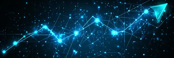 Obraz premium Ascending Cyan Line Chart With A Glowing Arrow On A Dark Blue Background With Gradient Effect