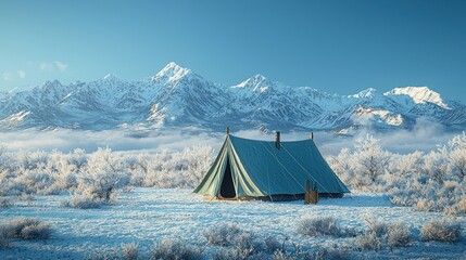 Snowy Mountain Campsite Tent at Dawn