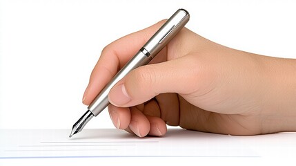 Elegant Hand Holding Silver Fountain Pen Writing on Paper