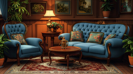 Victorian Blue Sofa Elegant Living Room, Cozy Lamp and Rich Decor for Stylish Homes.