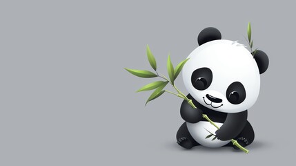Fototapeta premium A cartoon panda is sitting down holding a stalk of bamboo.
