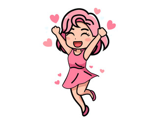 A cheerful girl in a good mood, jumping around with heart-shaped emoticons floating around.