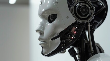 A close-up of a humanoid robot with a white, human-like face and visible wires and gears.