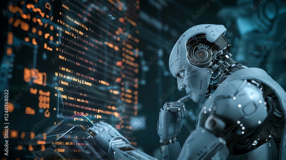 Poster a robotic humanoid figure sitting in front of a computer screen with code on it.