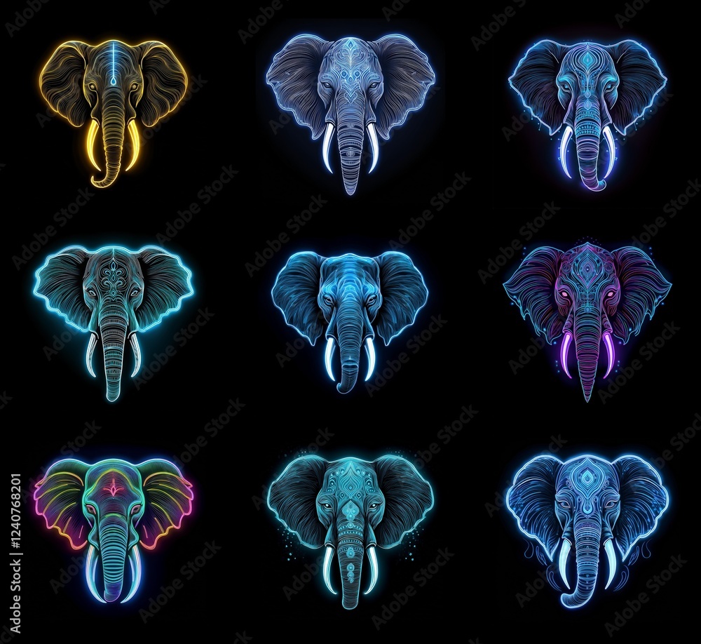 Poster nine vibrant neon elephant head illustrations, each adorned with intricate mandala-inspired patterns