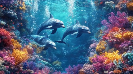 Fototapeta premium Three dolphins swim gracefully among vibrant coral reefs in a colorful underwater scene, showcasing the beauty of marine life.