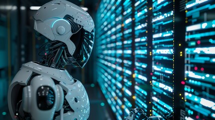 A humanoid robot stands in a server room, interacting with a digital interface.