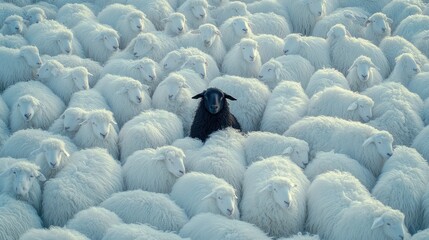 Obraz premium Lone black sheep amidst white flock, pasture, sunrise, individuality