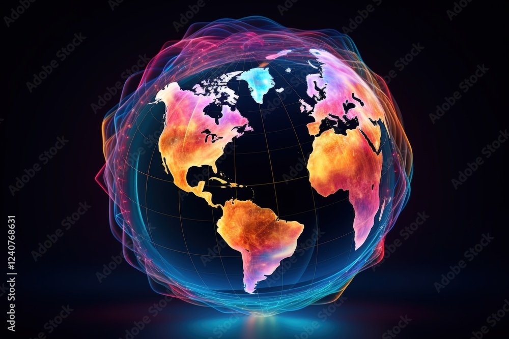 Poster vibrant abstract globe with colorful energy waves surrounding a world map representing global connec