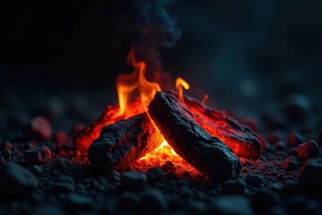 Naklejka premium Subtle orange and red embers, smoldering on a pitch-black backdrop , embers, digital, red