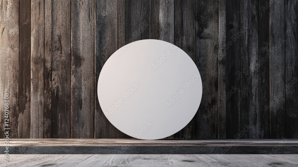 Poster a round signboard mockup with a white background placed against a dark wooden backdrop, offering a s