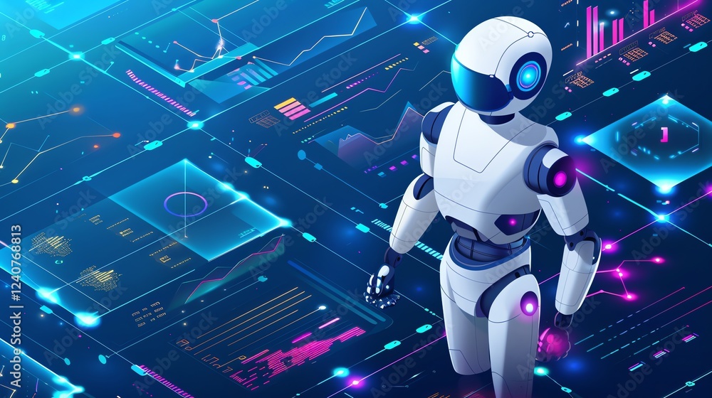 Poster a white humanoid robot stands in front of a digital interface, a representation of the future of tec