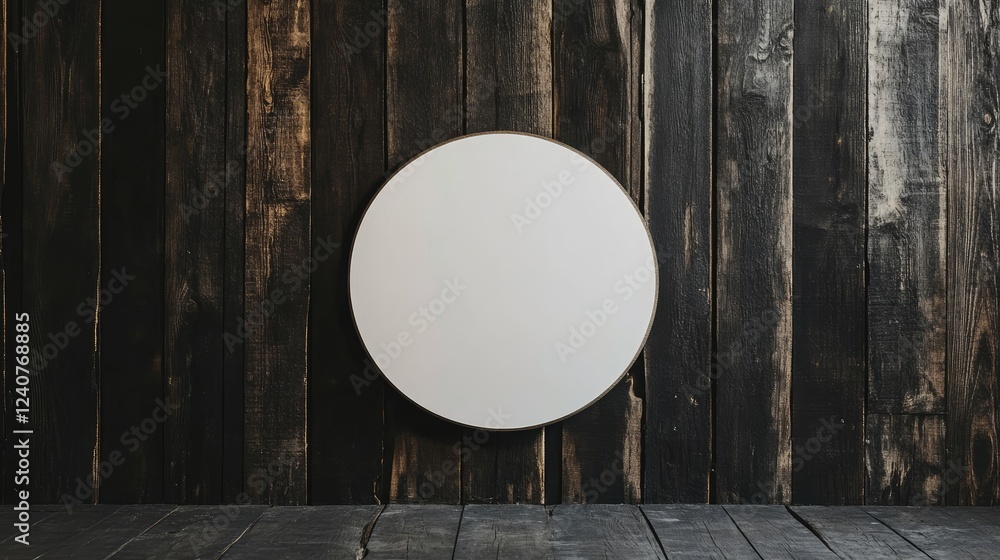 Poster a round signboard mockup with a white background placed against a dark wooden backdrop, offering a s