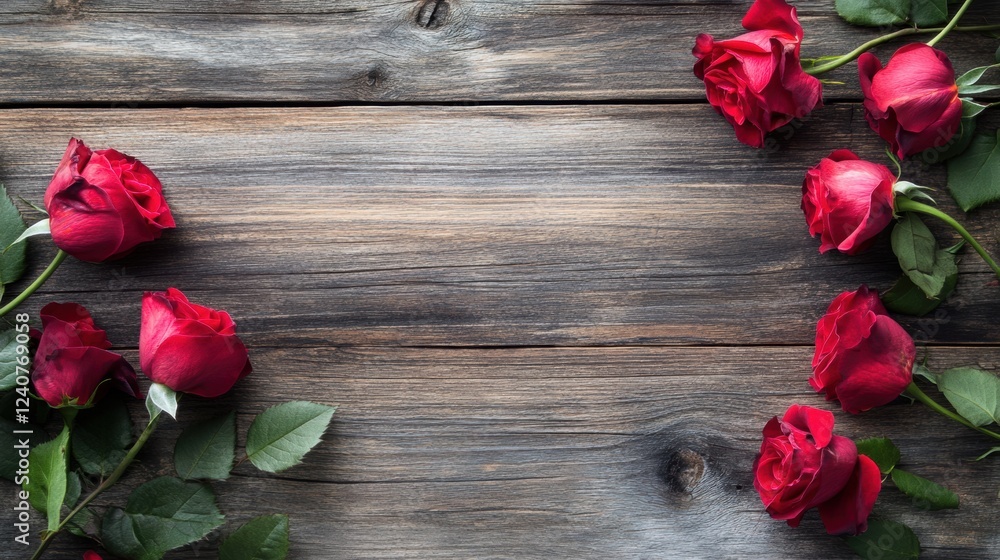 Poster red roses arranged beautifully on rustic wooden table providing a perfect space for text insertion o