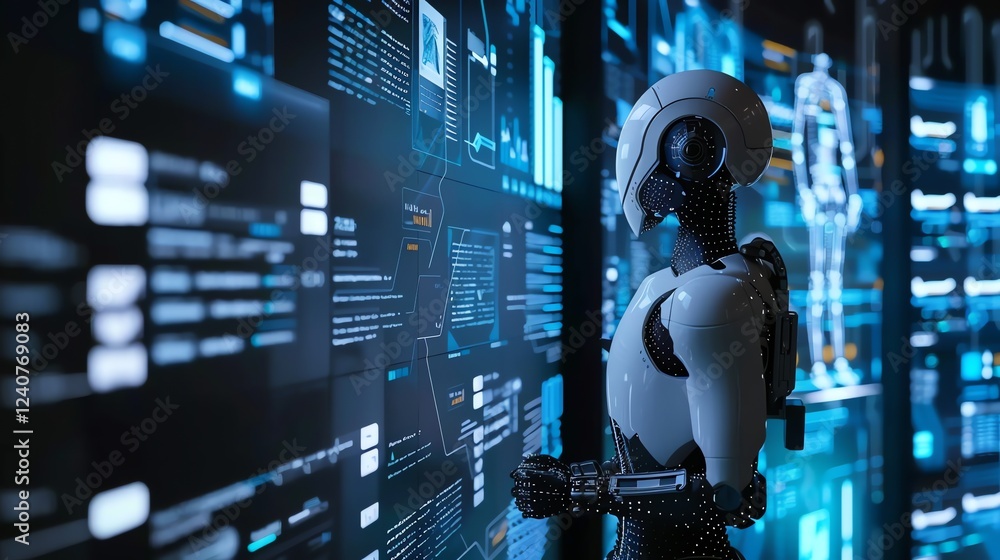 Poster a white humanoid robot stands in front of a wall of screens showing data and information.