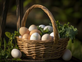  Farmer's basket with organic eggs and greens.