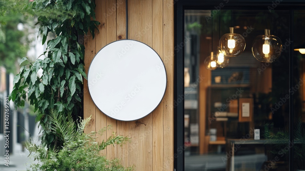 Poster a round signboard with a clean white background, elegantly hanging from a wooden storefront, offerin