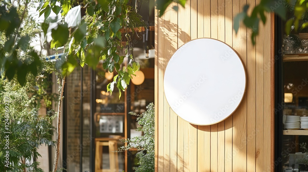 Poster a round signboard with a clean white background, elegantly hanging from a wooden storefront, offerin