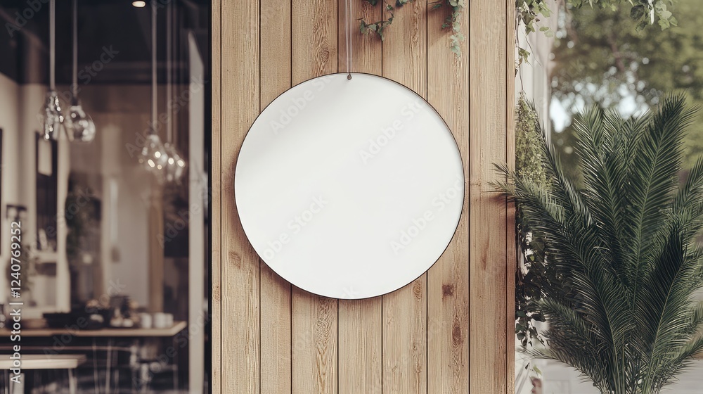 Poster a round signboard with a clean white background, elegantly hanging from a wooden storefront, offerin