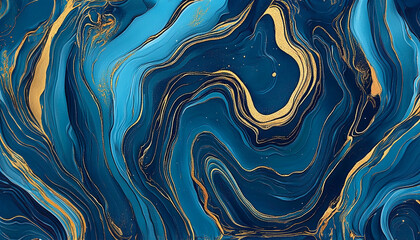 Abstract blue and gold marble background with fluid lines of swirling patterns, creating an elegant wallpaper design
