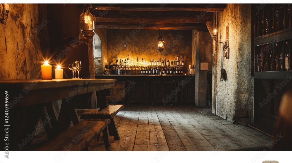 Poster A rustic, aged room with worn surfaces and dim lighting, creating a perfect backdrop for text or images in creative designs.