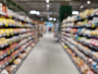 Abstract blurred supermarket aisle with colorful shelves