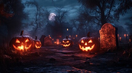 Naklejka premium Halloween jack-o'-lantern graveyard at night with moon