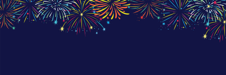 Exploding festival fireworks set, Isolated on blue background. Flat style. Design concept for holiday banner, poster, flyer, greeting card, decorative elements