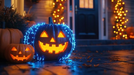 Fototapeta premium Halloween Jack-o'-lantern Decorated at Night, Home Porch