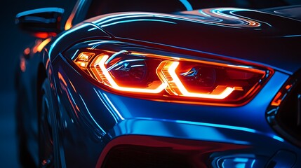 Illuminated Headlight Of A Sleek Modern Sports Car