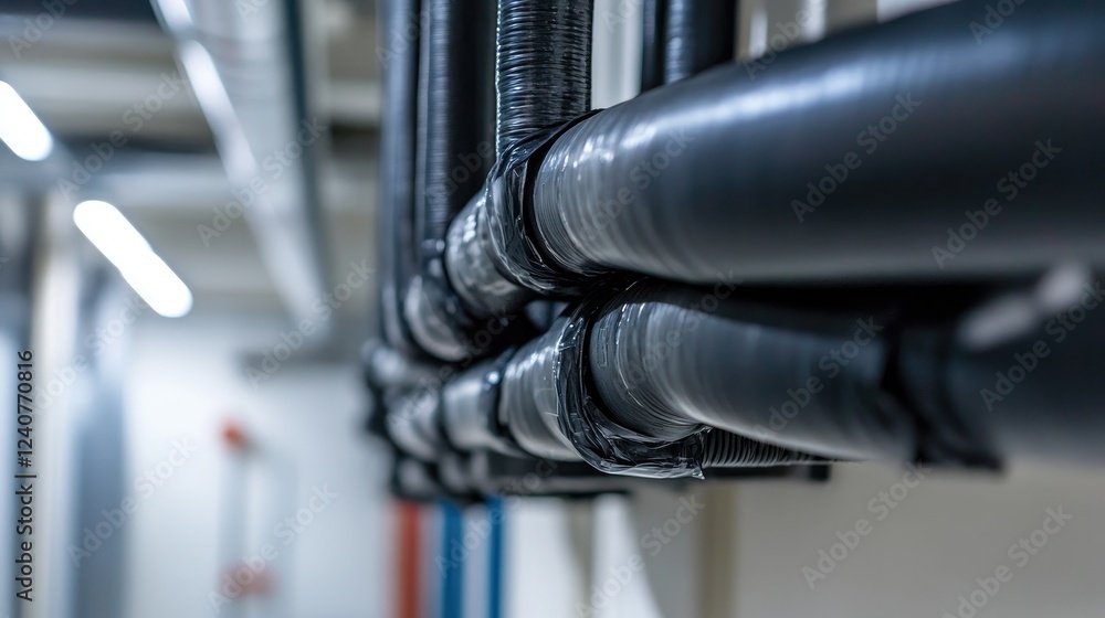 Poster a side view of bundled wires insulated with black electrical tape, running along a cable conduit, il