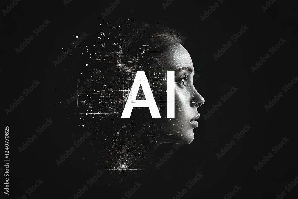 Poster exploring the fusion of technology and humanity through artificial intelligence representation in mo