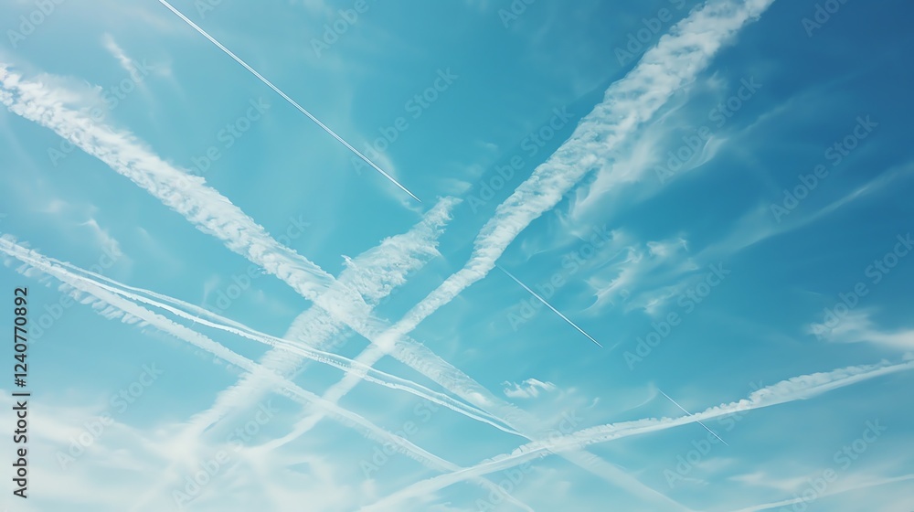 Poster a bright blue sky with crisscrossing contrails, creating a pattern of white lines against the vast e