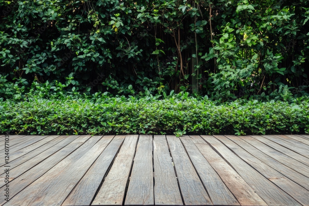 Poster Empty wooden deck surrounded by lush greenery creating a tranquil space for relaxation or creativity. Generative AI