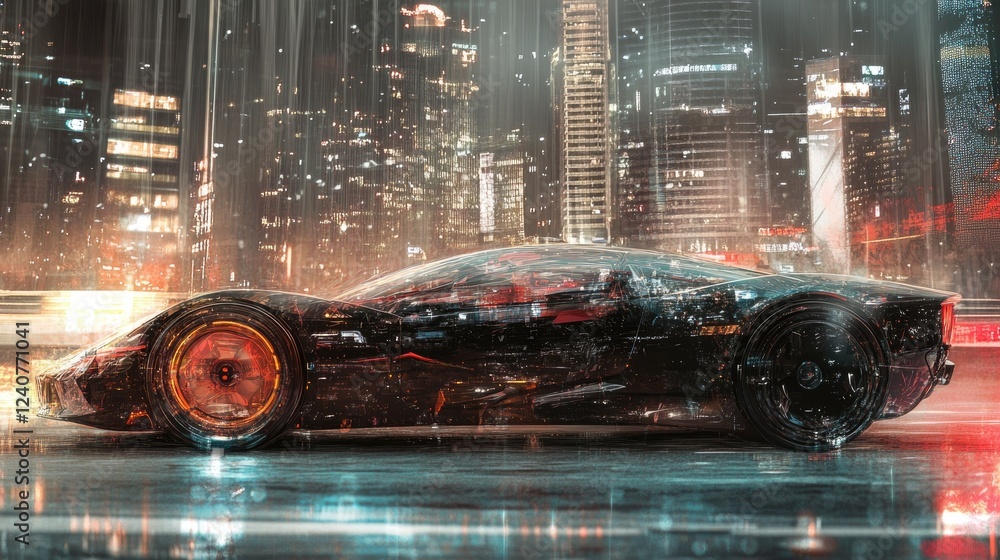 Poster a sleek, futuristic car with transparent components, set against the backdrop of a modern city, imag