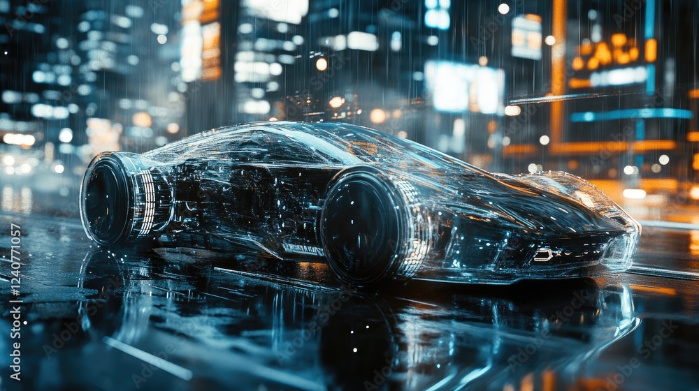 Poster a sleek, futuristic car with transparent components, set against the backdrop of a modern city, imag