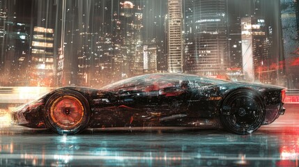 A sleek, futuristic car with transparent components, set against the backdrop of a modern city, imagined through generative AI.