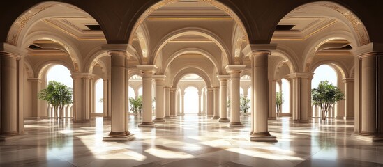 Obraz premium Sunlit Palace Hallway, Columns, Plants