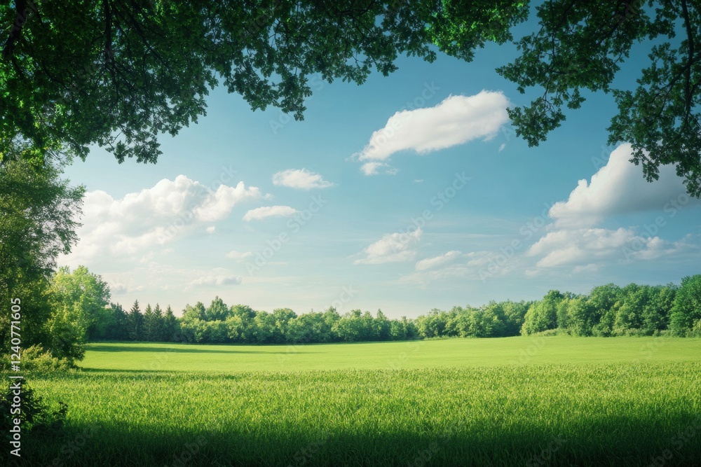 Aufkleber vibrant green field under a clear sky surrounded by lush trees and scattered clouds during daylight.