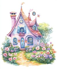 Fototapeta premium Charming Colorful Cottage Surrounded by Lush Flowers and Nature