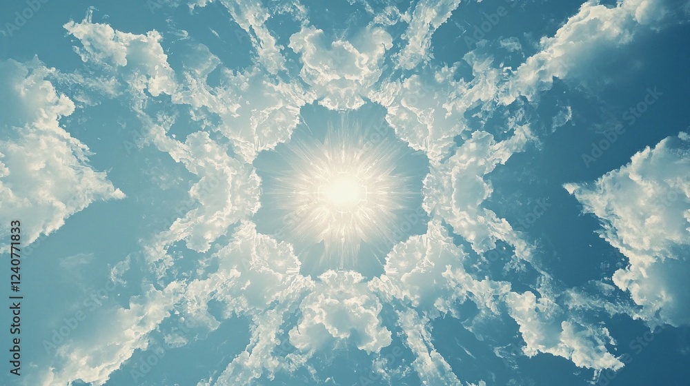Poster a breathtaking display of sunlight shines through a circular formation of fluffy clouds, illuminatin
