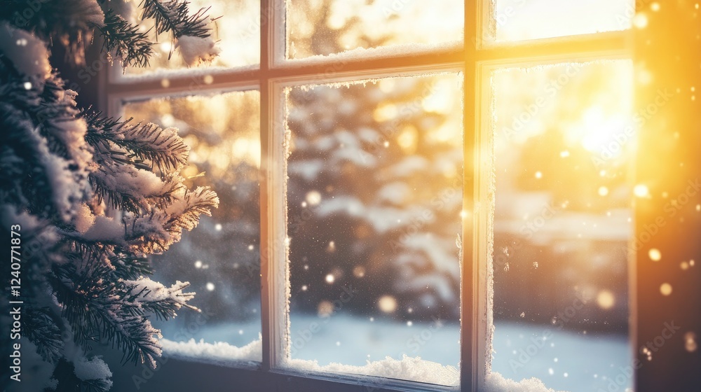 Poster a soft-focus winter scene through a window with gentle sunlight streaming in, offering a peaceful an