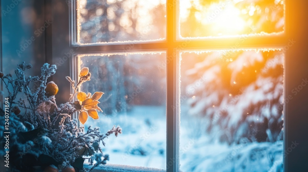 Aufkleber a soft-focus winter scene through a window with gentle sunlight streaming in, offering a peaceful an