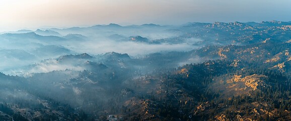 Misty mountain sunrise, aerial view, valley fog, nature background, travel poster