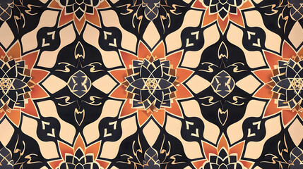 Intricate geometric pattern featuring floral designs in warm tones on a neutral background