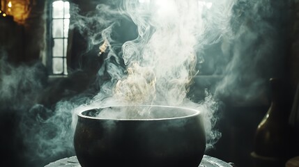 Steaming Cauldron In A Dark Medieval Room