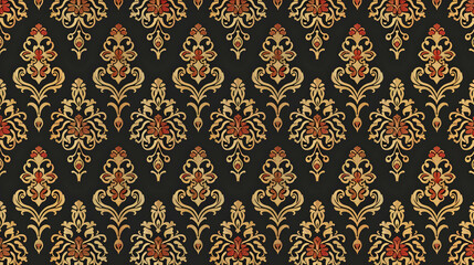 Ornate vintage damask pattern featuring intricate gold and red floral motifs on a black background
