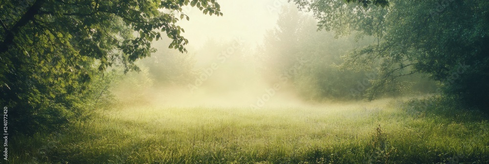 Fototapete Empty green field shrouded in mist at dawn creating a serene natural atmosphere for peaceful reflection. Generative AI